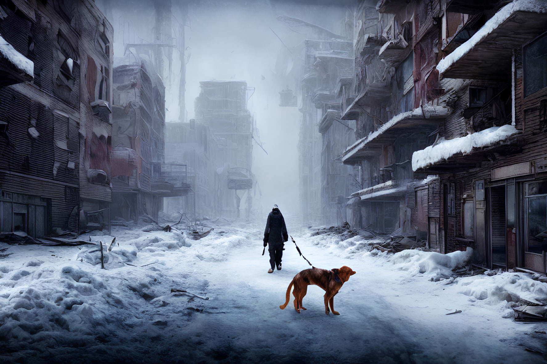 Solitary figure and dog in snowy post-apocalyptic urban scene