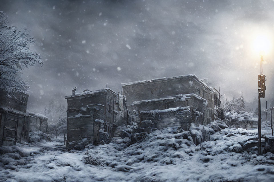 Snow-covered dilapidated buildings at dusk with barren trees and a glowing streetlamp