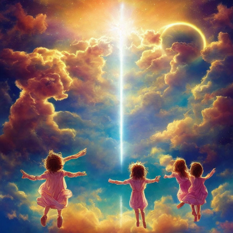 Four winged children holding hands in the sky with bright light beam