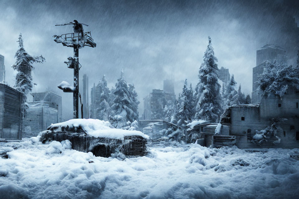 Snow-covered urban landscape with bare trees and abandoned buildings