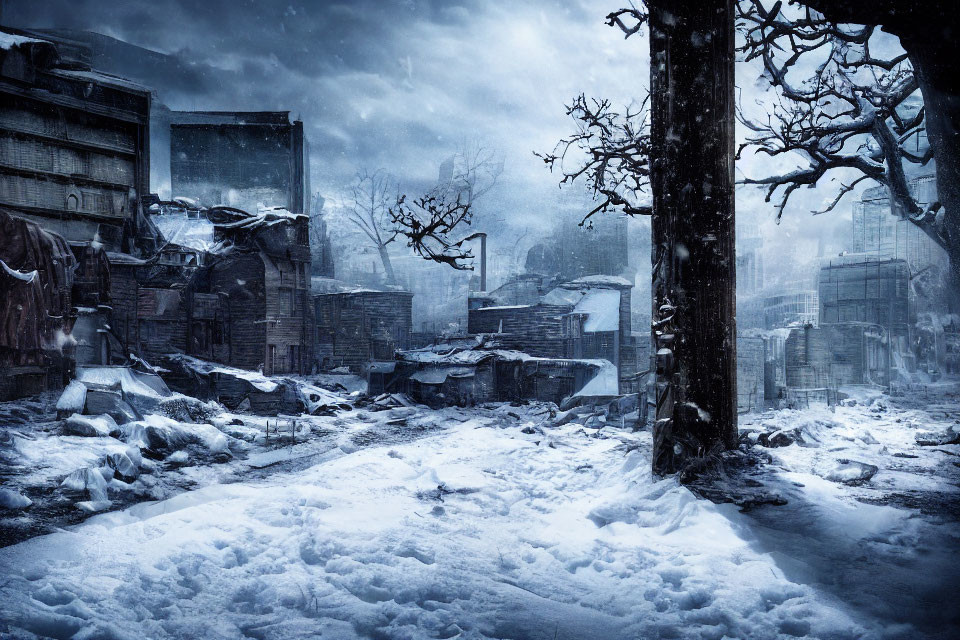 Snow-covered cityscape with dilapidated buildings and bare trees in a somber winter scene