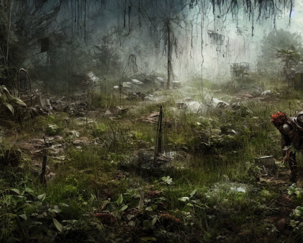 Post-apocalyptic scene with overgrown vegetation, gas-masked figure, and dilapidated structures.