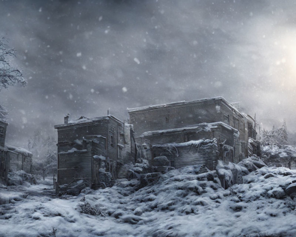 Snow-covered dilapidated buildings at dusk with barren trees and a glowing streetlamp