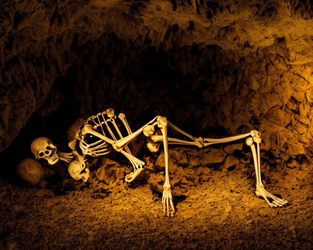 Human skeleton in cave illuminated by warm light, evoking historical discovery