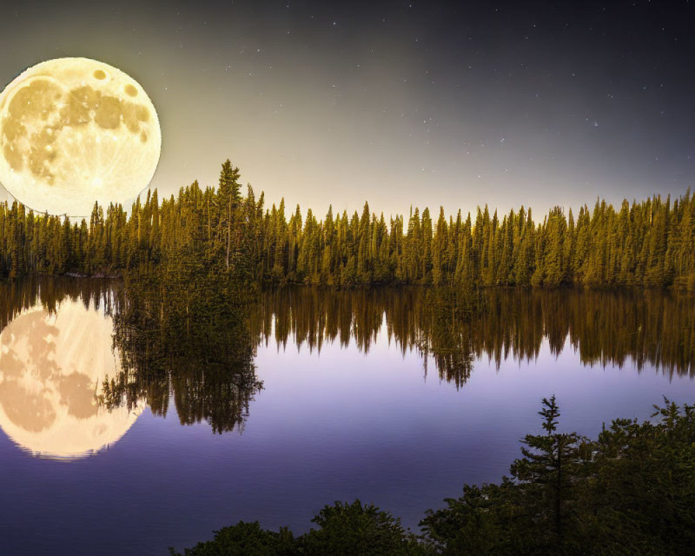 Tranquil Night Landscape with Full Moon Reflecting on Lake