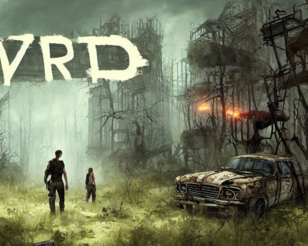 Post-apocalyptic landscape with ruined buildings, overgrown car, and flying drone.