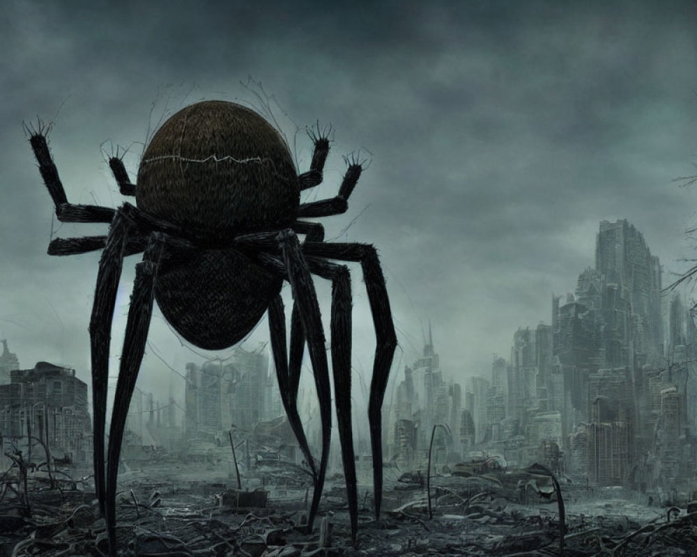 Giant spider over post-apocalyptic cityscape