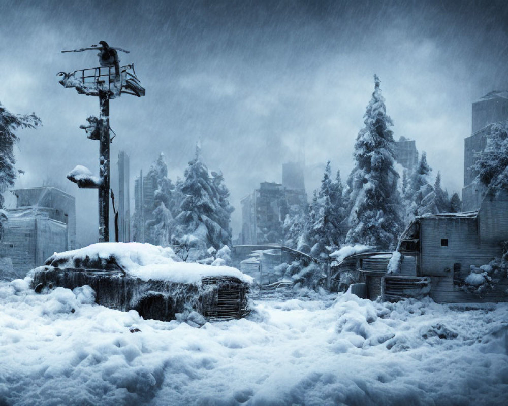 Snow-covered urban landscape with bare trees and abandoned buildings