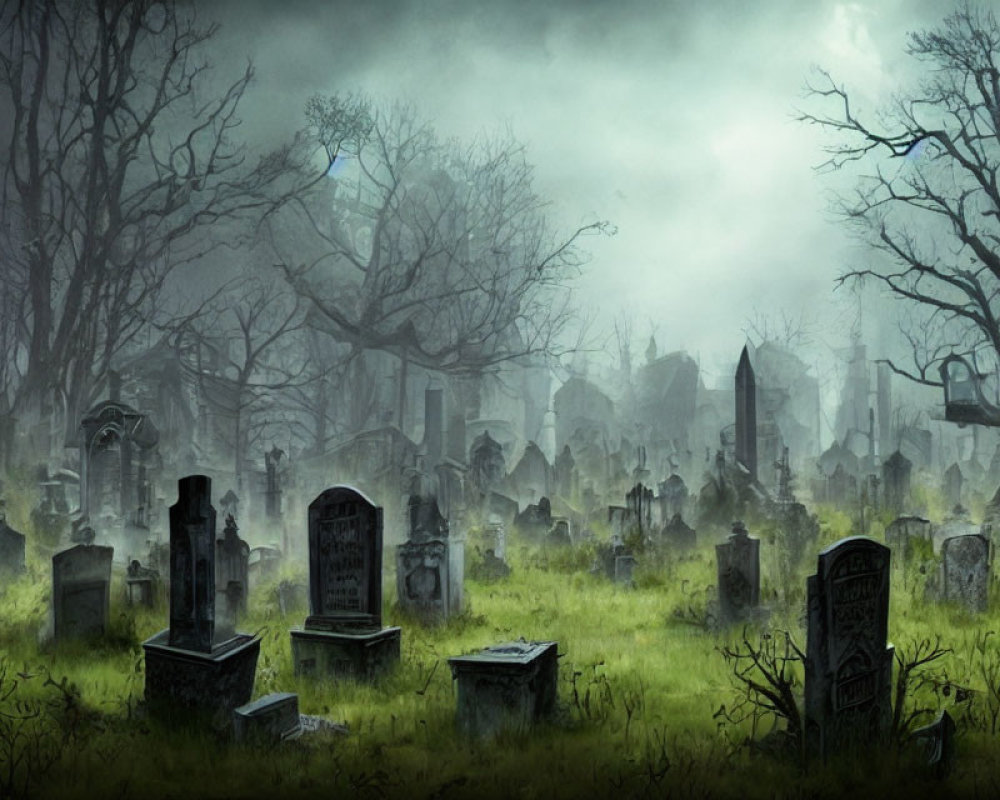 Misty graveyard scene with tombstones and bare trees