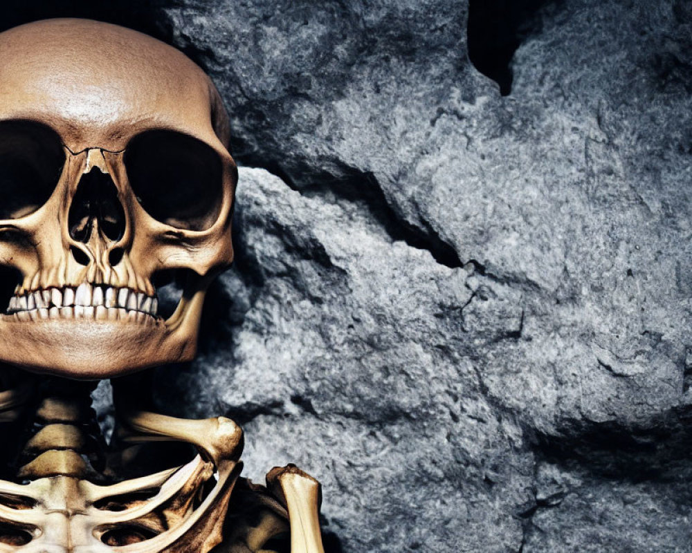 Human Skull and Partial Skeleton on Textured Rock Background