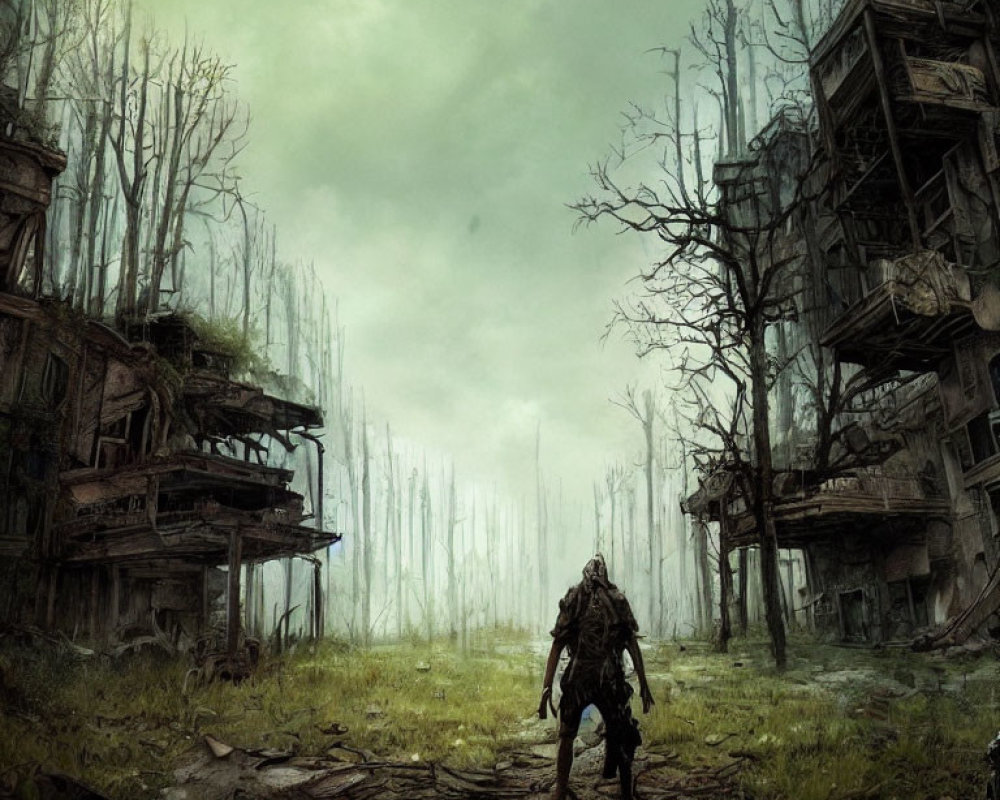 Desolate post-apocalyptic landscape with solitary figure