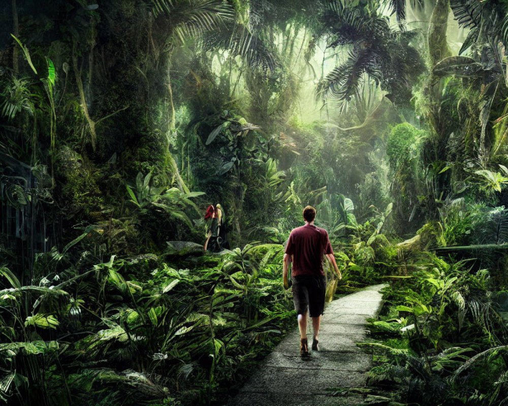 Two individuals walking in a lush, misty jungle with vibrant green foliage