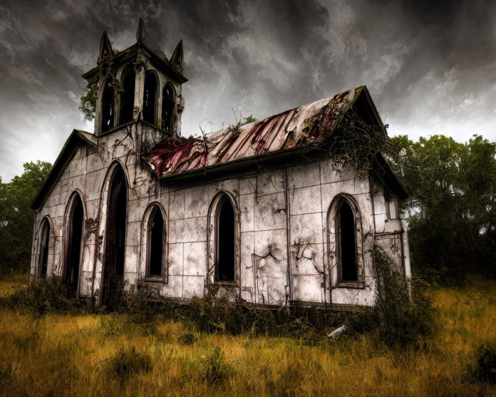 Dilapidated church with overgrown roof under cloudy sky