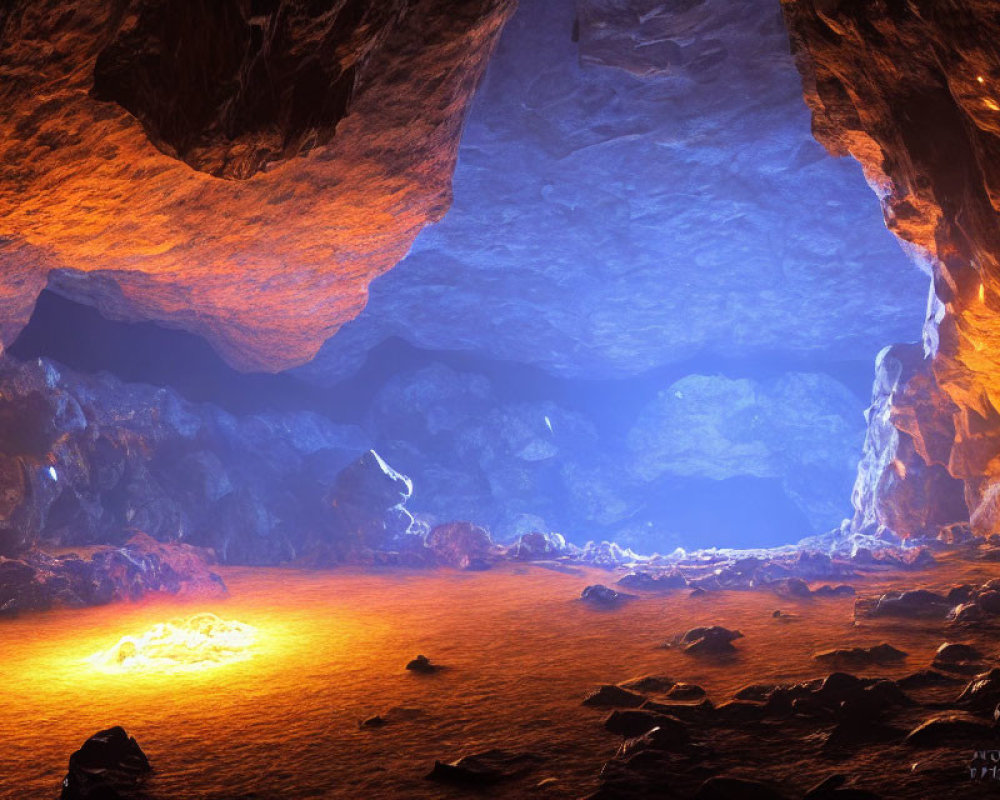 Luminous lava pool in cavern with rock formations and blue light source