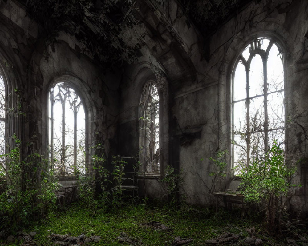 Overgrown Gothic church interior with crumbling walls and arched windows