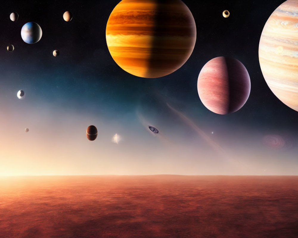 Colorful space scene with planets, moons, spacecraft, and alien landscape