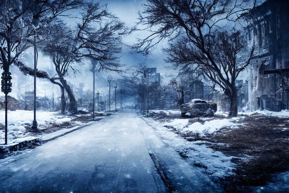 Desolate winter street with snow, bare trees, old buildings, vintage lamp posts.