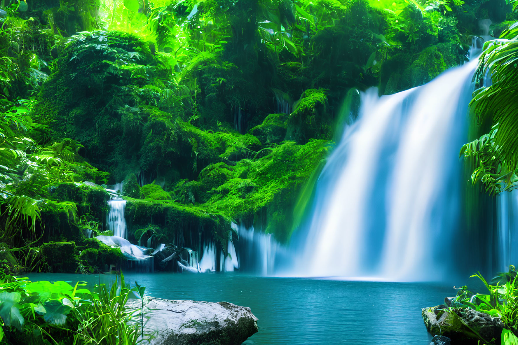 Tranquil waterfall over lush greenery and blue pool