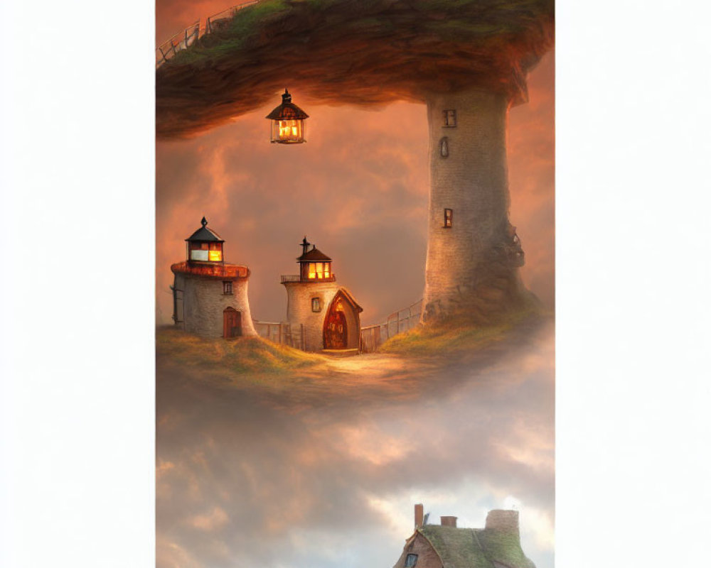 Artwork of Three Floating Islands with Stone Houses at Dawn or Dusk