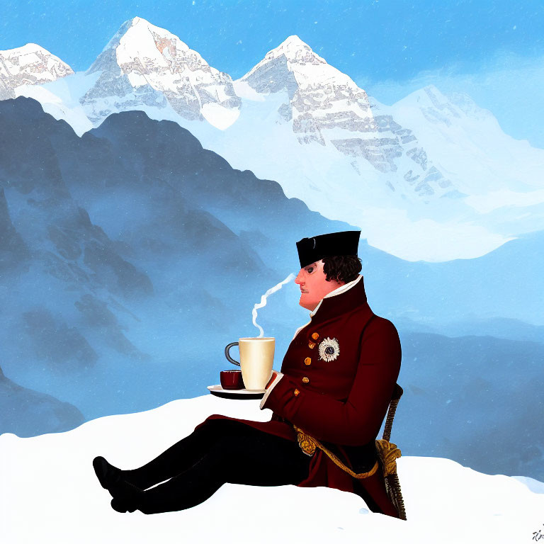 Person in Red Uniform Drinking Hot Beverage in Snowy Landscape