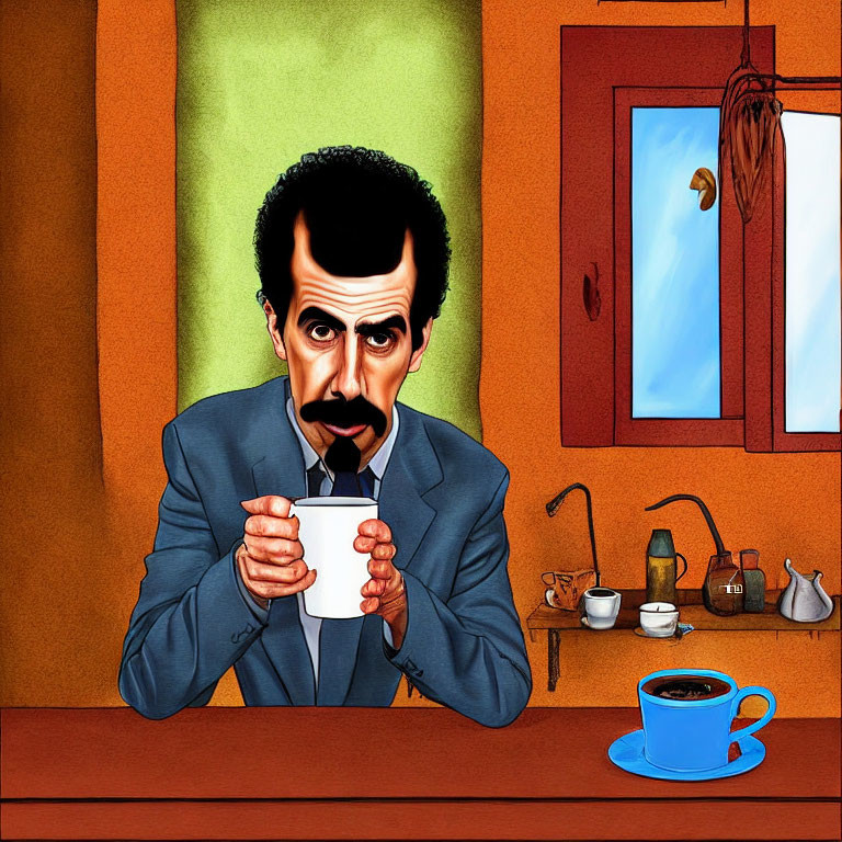 Mustached man with large head holding cup at wooden table with coffee pots.