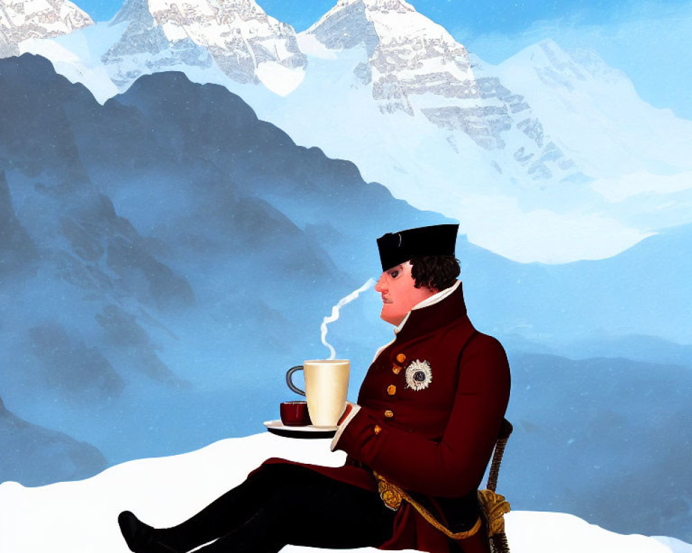 Person in Red Uniform Drinking Hot Beverage in Snowy Landscape