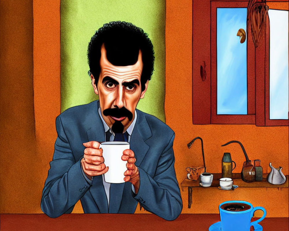 Mustached man with large head holding cup at wooden table with coffee pots.