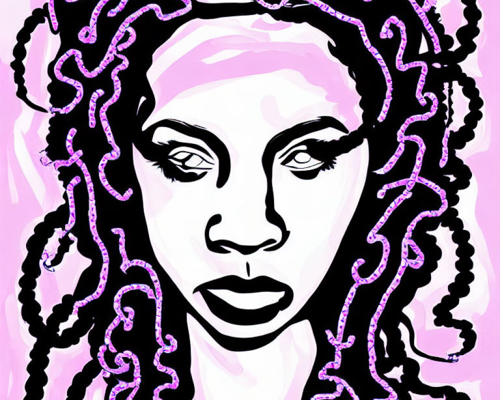 Portrait of a woman with striking eyes and full lips, featuring tentacle-like hair in pink and white