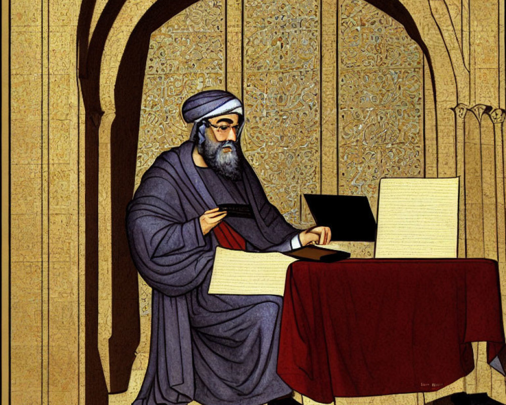 Illustrated man in traditional Middle Eastern attire writing at ornate golden desk