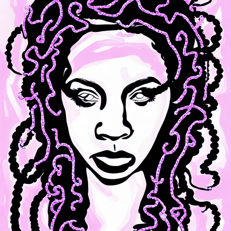 Portrait of a woman with striking eyes and full lips, featuring tentacle-like hair in pink and white