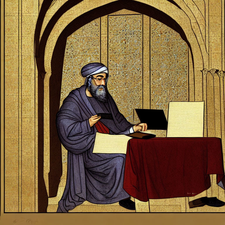 Illustrated man in traditional Middle Eastern attire writing at ornate golden desk