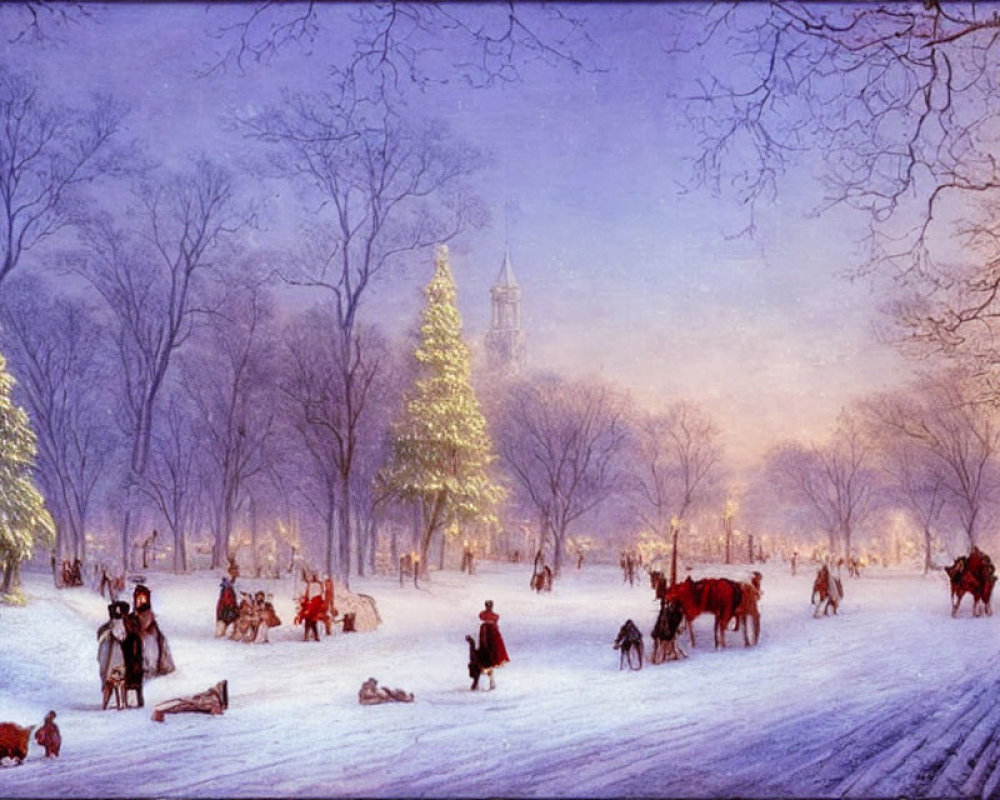 Winter Park Scene with Ice Skating, Sleds, and Christmas Trees at Dusk