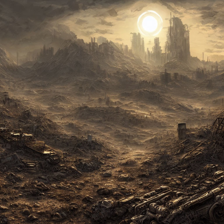 Desolate landscape with ruins and debris under ominous sun