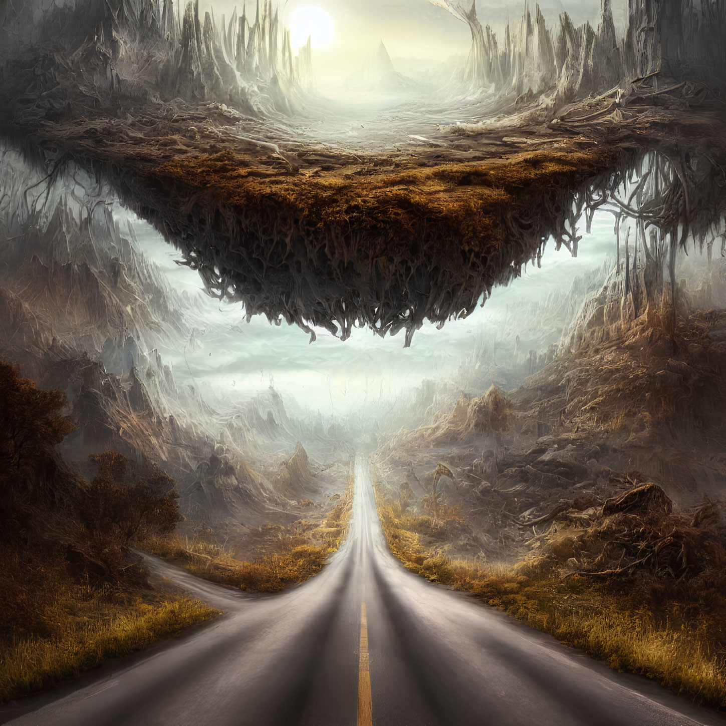 Surreal inverted mountain range over straight road in eerie landscape