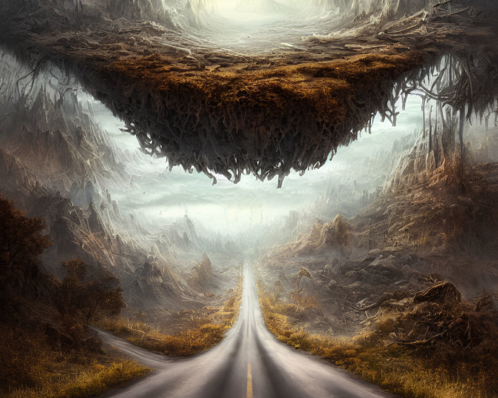 Surreal inverted mountain range over straight road in eerie landscape