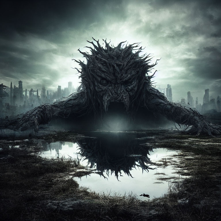 Menacing tree-like creature in dark cityscape with water