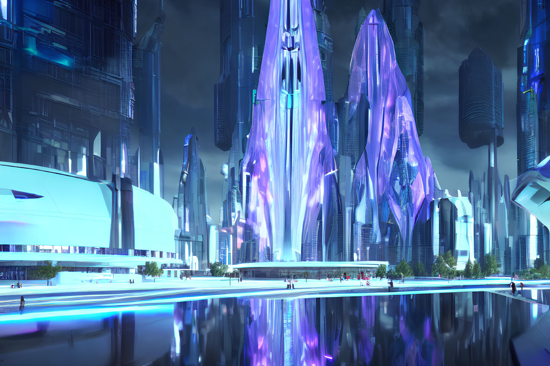 Nighttime futuristic cityscape with illuminated high-rises and sleek structures by reflective water.