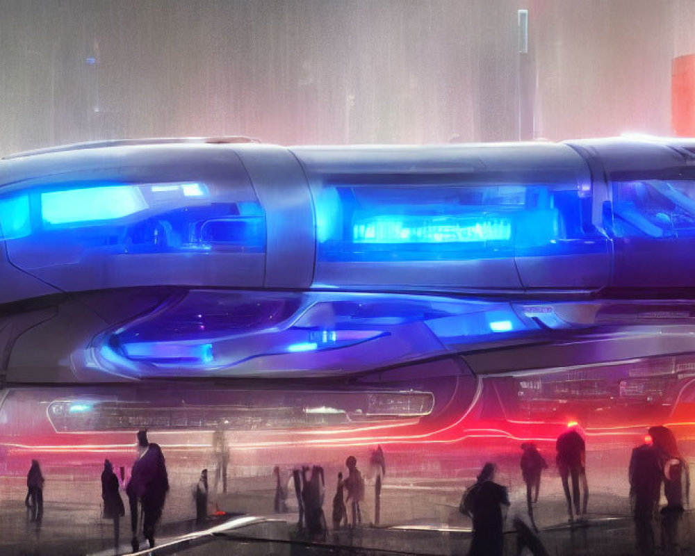 Futuristic cityscape with hovering train-like vehicle, neon lights, silhouetted figures,