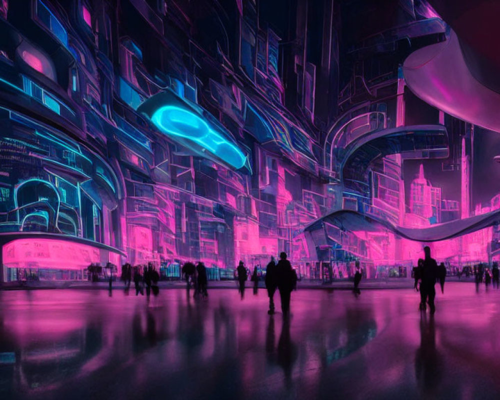 Futuristic neon-lit cityscape with curving architecture and silhouettes.