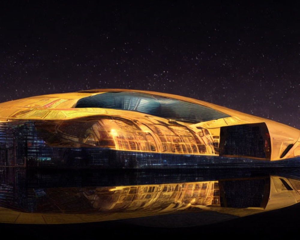 Golden Dome Structure Reflecting Night Sky with Bridge