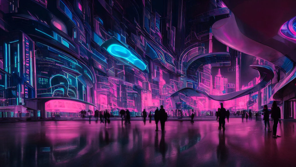 Futuristic neon-lit cityscape with curving architecture and silhouettes.