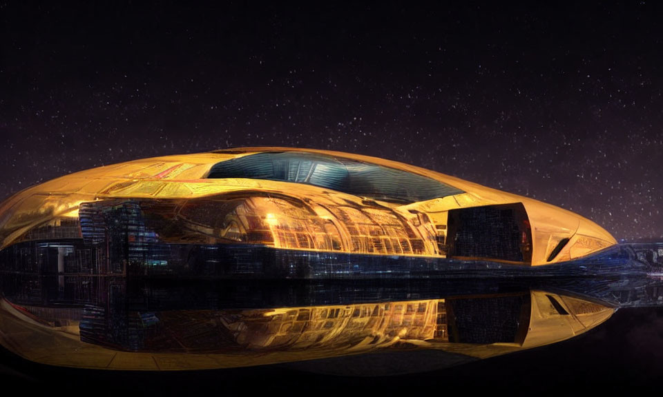 Golden Dome Structure Reflecting Night Sky with Bridge