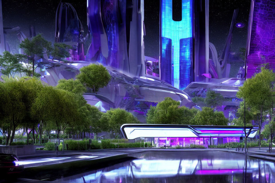 Vivid Purple Lighting in Futuristic Night Cityscape