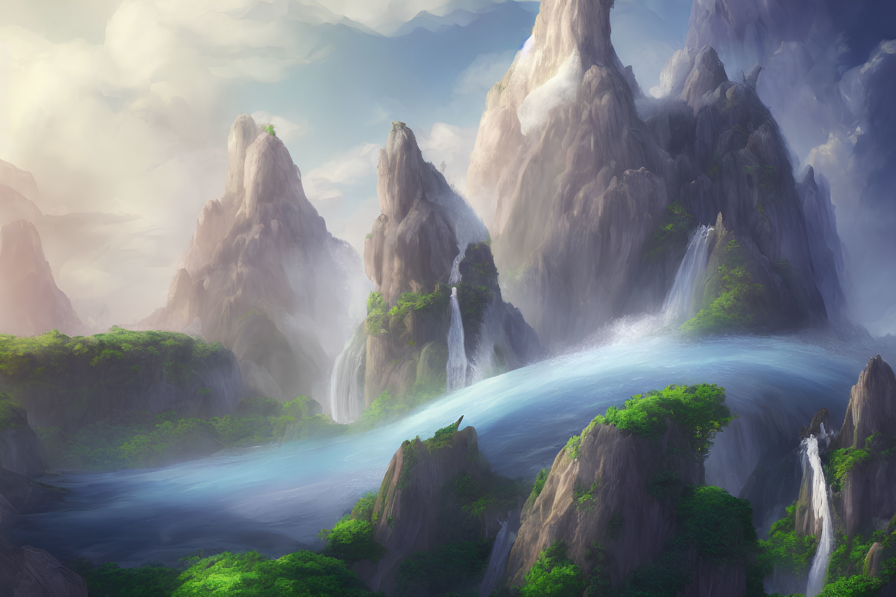 Tranquil river with serene waterfalls in lush mountain landscape