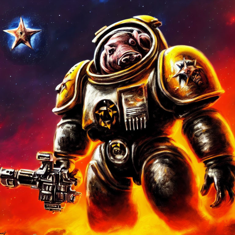 Space marine in bear-headed power armor wields futuristic gun in cosmic scene