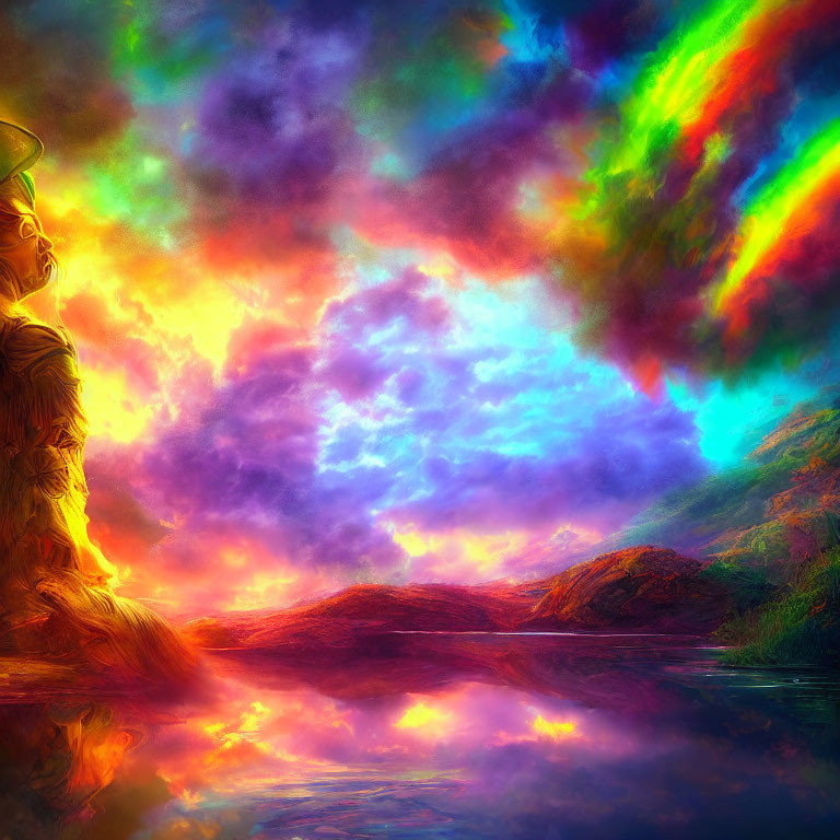 Colorful Landscape with Figure by Reflective Lake and Rainbow Sky