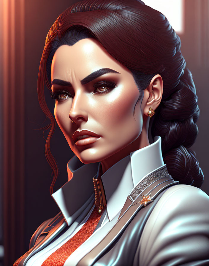 Digital portrait of a woman with sharp features, bold makeup, braided hair, white military-style outfit