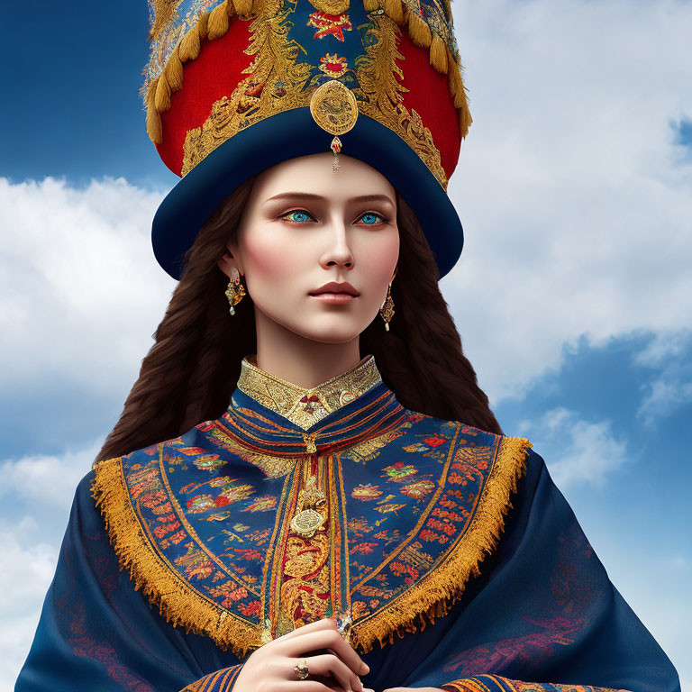 Digital portrait of woman in ornate military-style outfit and hat against cloudy sky.