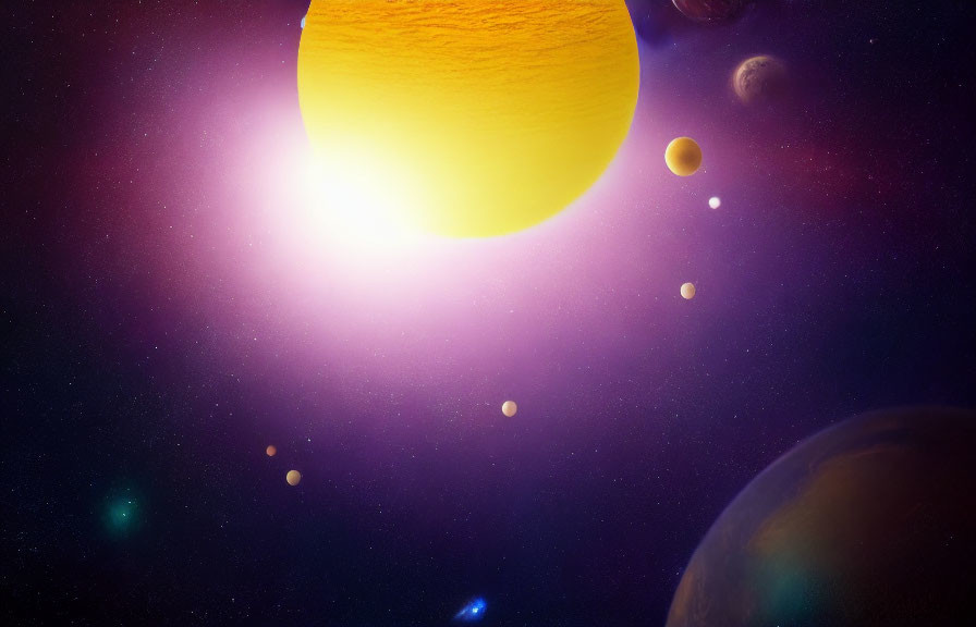 Colorful space scene with sun, planets, and stars