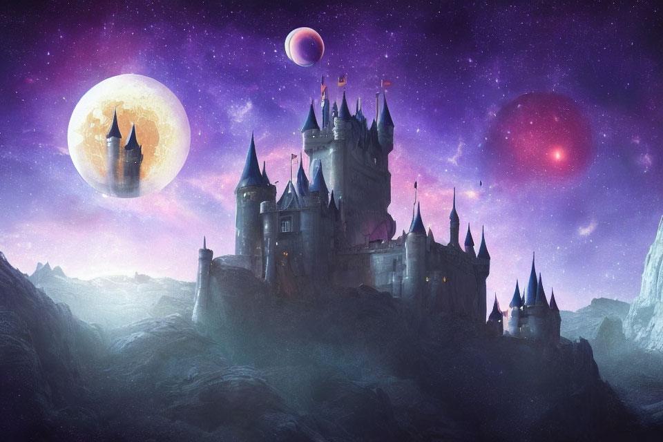 Fantastical castle on craggy cliff under starry sky with oversized planets and moon.